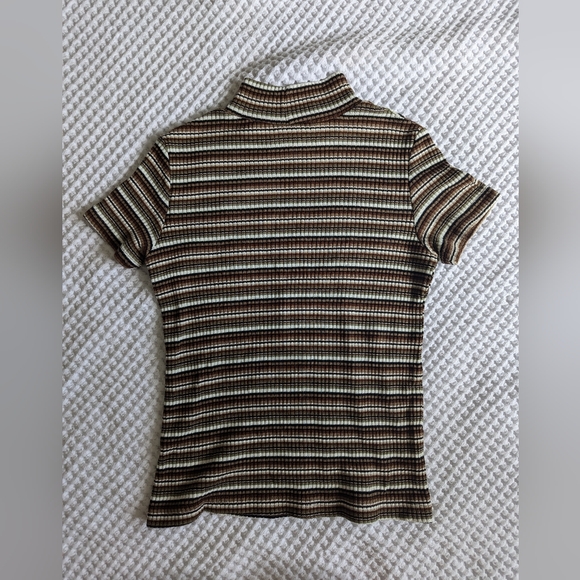 🎩 Basic Editions Mockneck Brown and Green Striped Top - Vintage - Picture 5 of 7